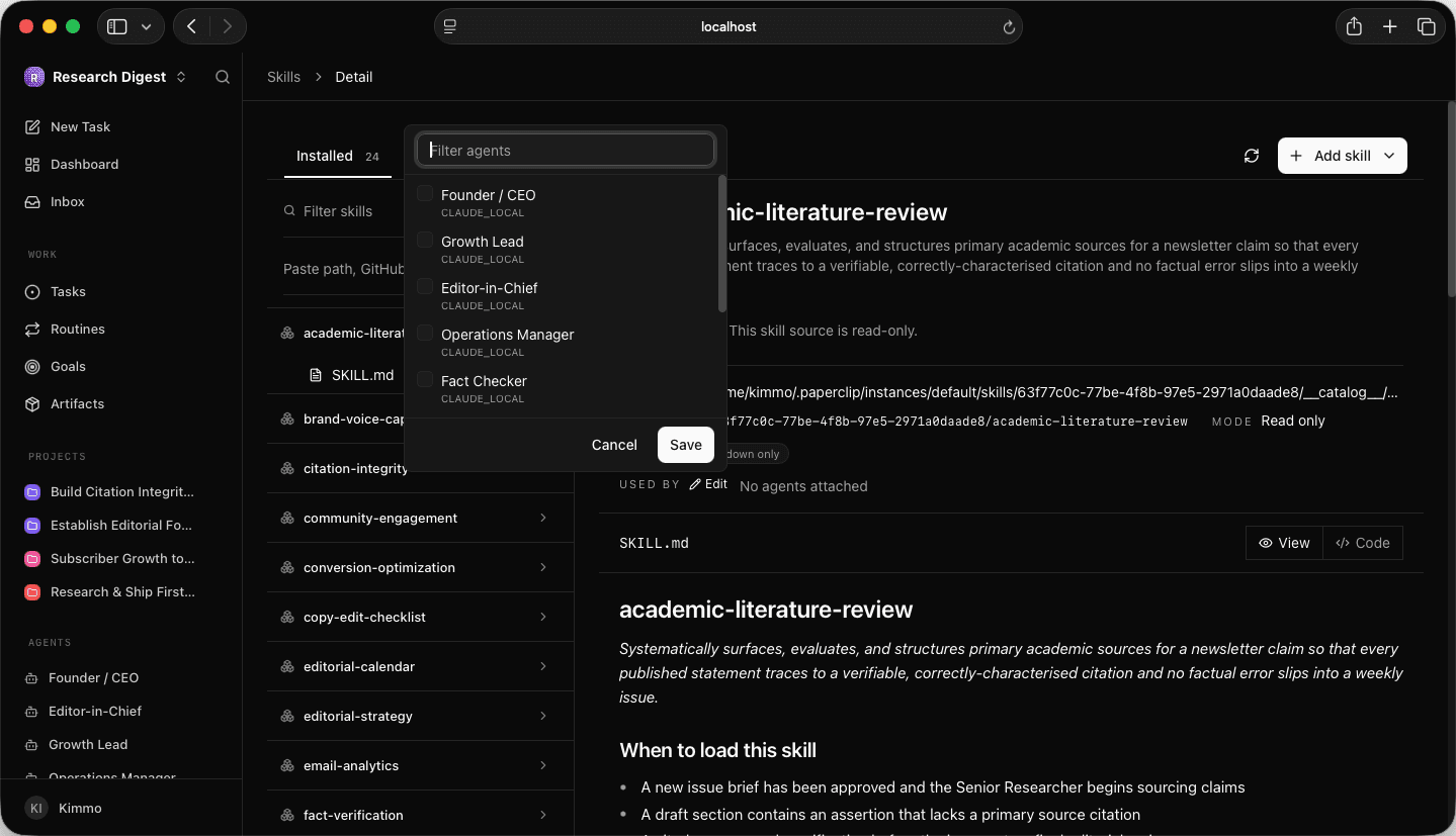 Paperclip Skills detail panel with the agent-attach picker open