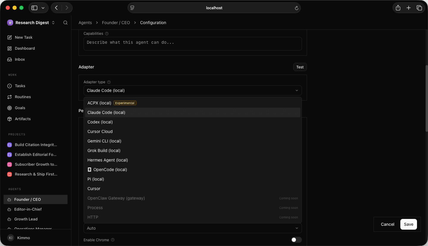 Agent Configuration Adapter type dropdown open with Claude Code (local) selected