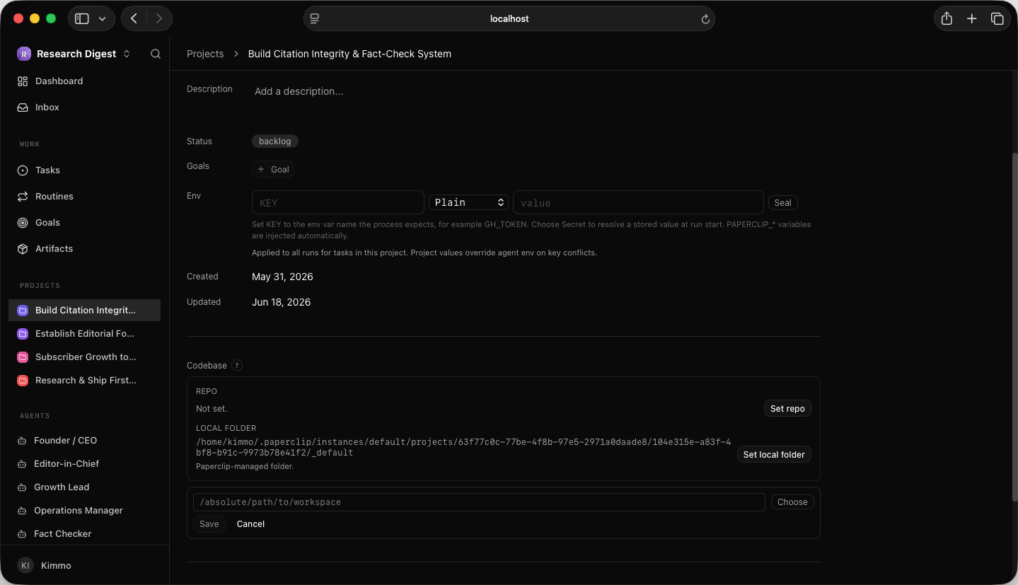 Project Codebase section with Set local folder and the absolute-path input