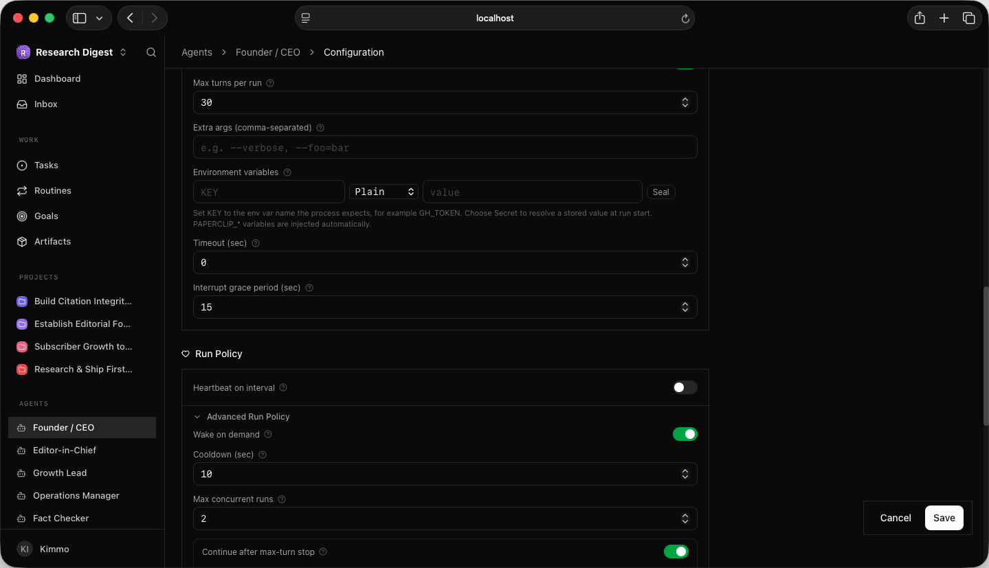 Agent run-policy settings with Max turns per run 30 and Max concurrent runs 2