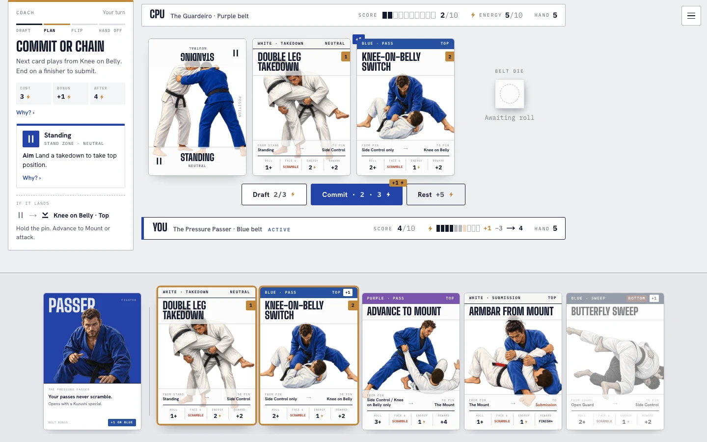 The Base online game: arena, coach panel and hand of technique cards